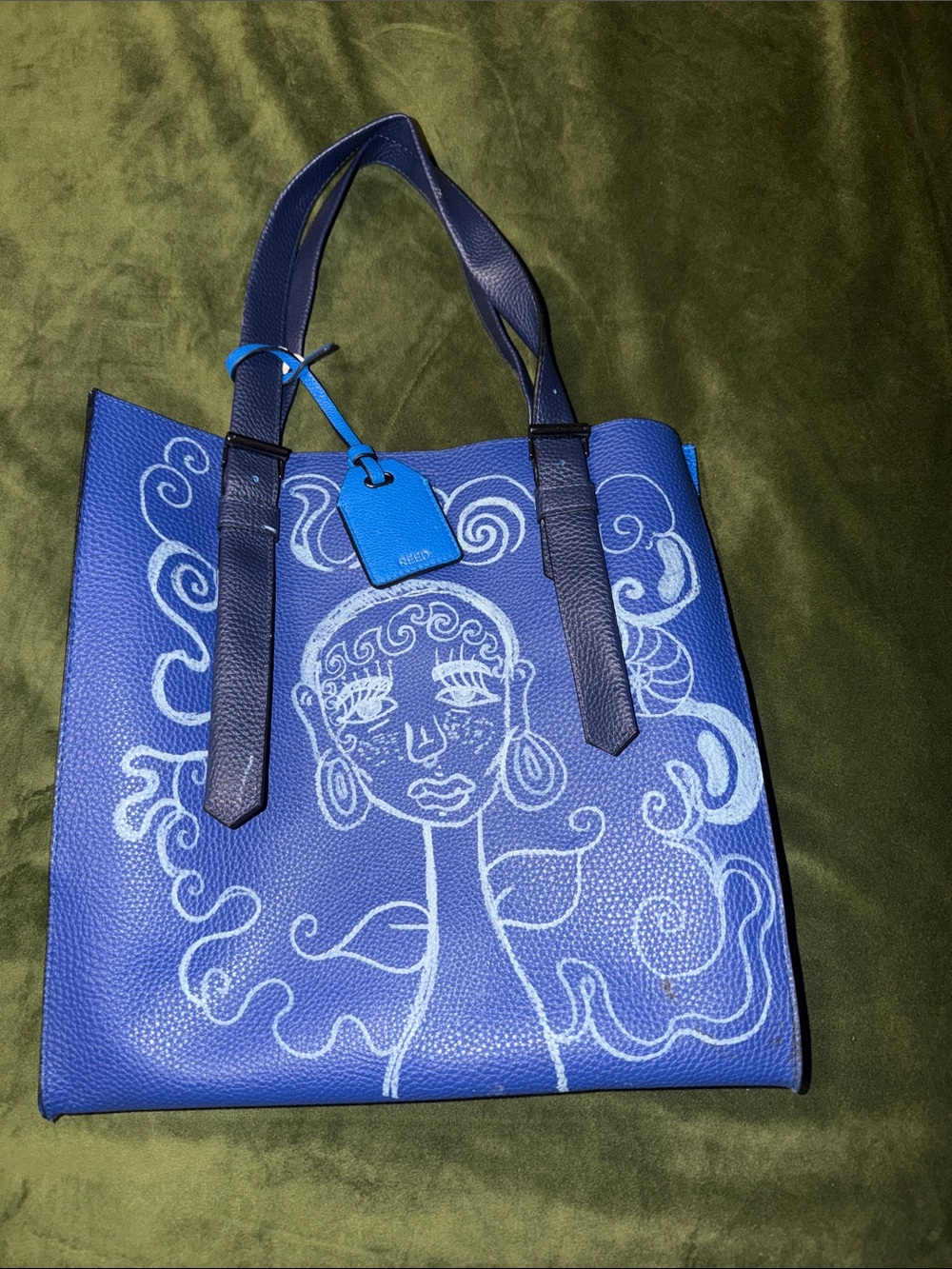 Blue Artistic Tote Bag with Hand-Drawn Design